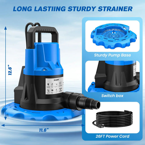 One HP Automatic Pool Cover Pump with 5000 GPH Submersible Water Removal, 26 Foot Power Cord, Three Quarter Inch Check Valve