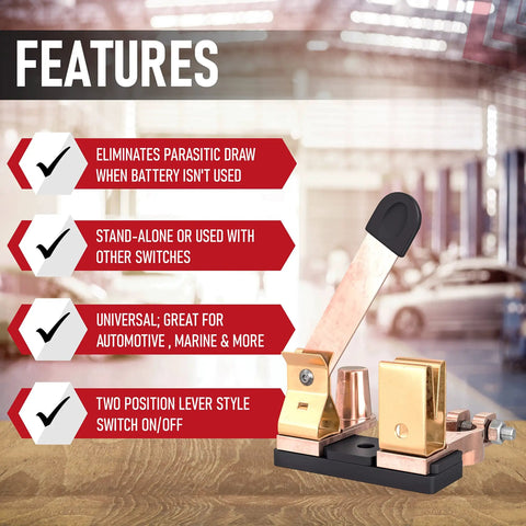Beefy Top Post Battery Knife Disconnect Switch Isolator For Cars Boats Trucks Marine RVs ATV Camper 12V DC 200 Amp Blade Switch On Off Power Cutoff With Negative Post, shown with feature list.