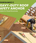Built Like a Tank Pro Grade Bull Ring Roof Anchor for Fall Protection Zinc Coated Steel Safety Attachment for Construction Fall Arrest Restraint Rigging and Trades Work installed on wooden beams with safety harness.