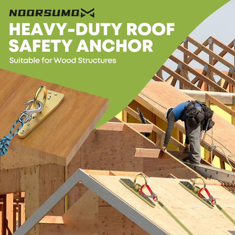 Built Like a Tank Pro Grade Bull Ring Roof Anchor for Fall Protection Zinc Coated Steel Safety Attachment for Construction Fall Arrest Restraint Rigging and Trades Work installed on wooden beams with safety harness.