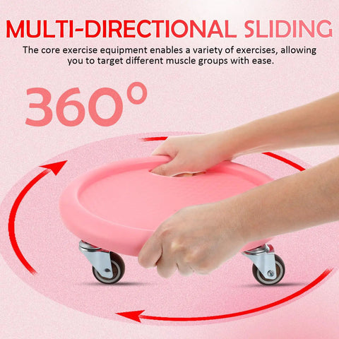 Hands holding pink four-wheel ab roller for core workout with knee mat, showcasing multi-directional sliding design.