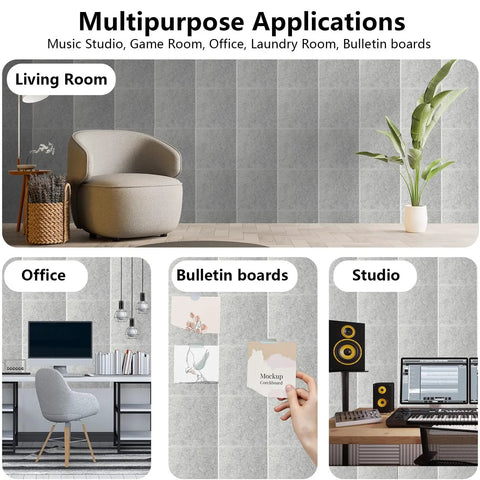 Killer Coverage Acoustic Wall Panels Rock Solid Sound Proofing Tiles For Home Studio Office Gaming Setup Superior Echo Control High Density Polyester Fiber Easy Mount 18 Pack Gray displayed in living room and office settings.