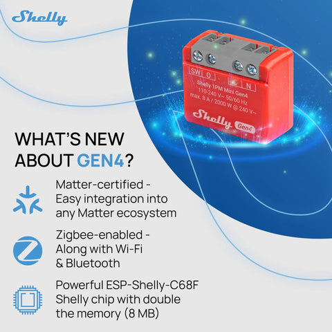 1PM Mini Gen4 Smart Switch With Wi Fi Zigbee And Matter Compatibility 1 Channel 8A Dual Pack Power Monitoring No Hub Needed Fast Setup In Minutes Remotely Control Appliances From Anywhere. red Shelly Mini Gen4 smart switch module