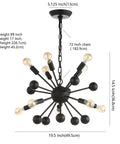 19.5-Inch Black 10-Light Iron Sputnik Chandelier with measurements and LED bulbs displayed