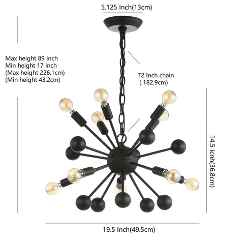 19.5-Inch Black 10-Light Iron Sputnik Chandelier with measurements and LED bulbs displayed