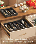 Expandable Kitchen Utensil Organizer for Drawers with Adjustable Cutlery Tray and Spatula Holder in kitchen drawer, black.