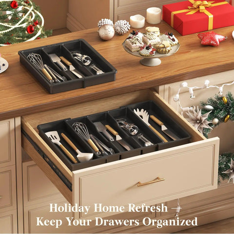 Expandable Kitchen Utensil Organizer for Drawers with Adjustable Cutlery Tray and Spatula Holder in kitchen drawer, black.