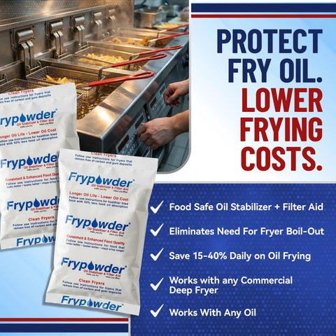 Fry Powder Oil Stabilizer And Filter Aid For Deep Fryers 72 Size B Sachets 240 Milliliters Each Keeps Fry Oil Cleaner Longer Saves Grease And Removes Carbon Deposits Improves Fryer Performance And Hotter Fries. sachets beside commercial fryer