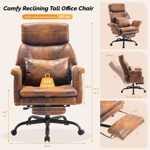 100-130 Degree Reclining Tall Office Chair With Foot Rest And Adjustable Armrests, microfiber, wide seat, and wheels