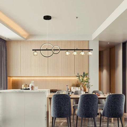 Lit Modern LED Chandelier With Remote 40W Black Five Light Linear Pendant Lighting Over Kitchen Island