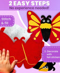 12 Jumbo Bug Felt Sewing Projects For Beginners Kids Craft Kit For Ages 6 8 With Kid Safe Plastic Needles Scissors Thread And Stuffing Super Easy DIY Sew Art For Boys And Girls showing hand stitching butterfly felt.