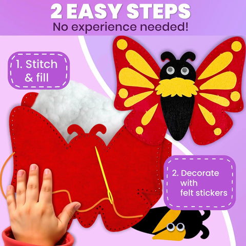 12 Jumbo Bug Felt Sewing Projects For Beginners Kids Craft Kit For Ages 6 8 With Kid Safe Plastic Needles Scissors Thread And Stuffing Super Easy DIY Sew Art For Boys And Girls showing hand stitching butterfly felt.