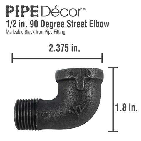 Heavy Duty Half Inch Street Elbow 90 Degree Pipe Fitting In Black Malleable Iron with dimensions 2.375 x 1.8 inches