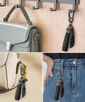Heavy Duty Leather Carabiner Keychain With 360 Degree Rotating Snap Swivel Anti Lost D Ring And Woven Handmade Strap Microfiber Hand Strap Built For Everyday Carry Boss Level Durability For Men And Women Gunmetal Black shown on bags and belt.