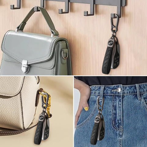Heavy Duty Leather Carabiner Keychain With 360 Degree Rotating Snap Swivel Anti Lost D Ring And Woven Handmade Strap Microfiber Hand Strap Built For Everyday Carry Boss Level Durability For Men And Women Gunmetal Black shown on bags and belt.