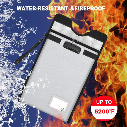 Go-To Fireproof Document Safe With Lock 5200F pouch with water and fire resistance features visibly highlighted.