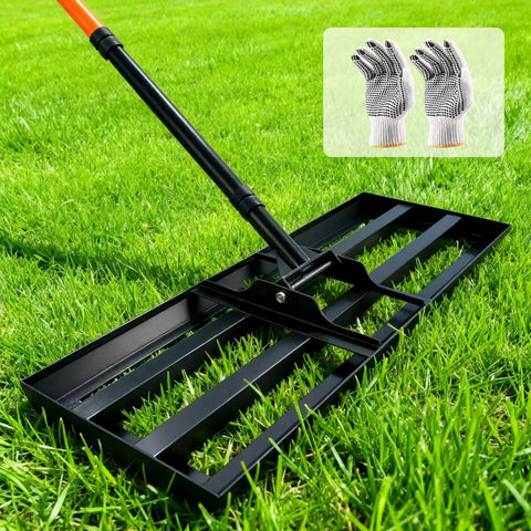 Heavy Duty Lawn Leveling Rake With 30 By 10 Inch Plate And 78 Inch Adjustable Handle on grass, includes gloves for protection.