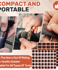 Hands applying patch from 96 Pack Bicycle Tire Patch Kit For Inner Tubes Rubber Bike Patch Set For Road Mountain And Motorcycle Tires.