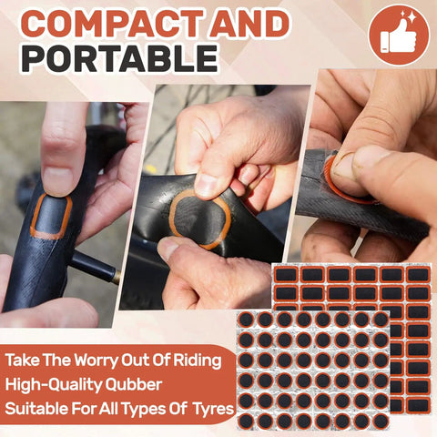 Hands applying patch from 96 Pack Bicycle Tire Patch Kit For Inner Tubes Rubber Bike Patch Set For Road Mountain And Motorcycle Tires.