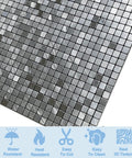 10-Piece Peel And Stick Backsplash Kit For Kitchen And Home Aluminum 3D Self-Adhesive Metal Mosaic Tiles 11.41 X 11.41 Inches Silver Easy DIY Wall Upgrade, showing detail of small square tiles and texture