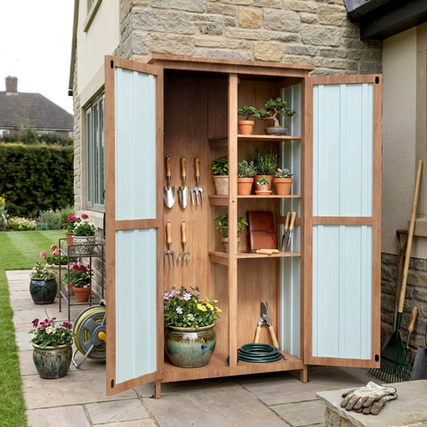 Outdoor Storage Cabinet With 3 Adjustable Shelves Lockable Doors Weatherproof Wood And Metal Garden Shed For Tools Lawn Gear Pool Accessories Black For All Your Yard Chores