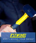 Rock Solid 3 Pound Forged Steel Sledge Hammer, blue polished head, yellow grip, held for demolition work.