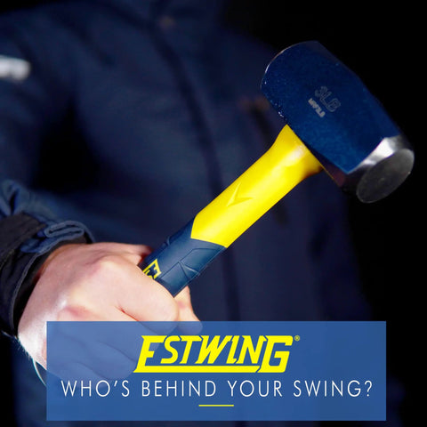 Rock Solid 3 Pound Forged Steel Sledge Hammer, blue polished head, yellow grip, held for demolition work.