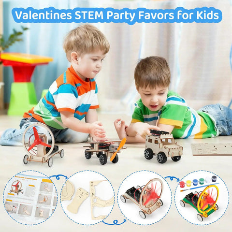 Two kids assembling Valentines Day Gift For Kids 24 Pack DIY Science Craft Kits With Valentines Cards STEM Projects Educational Toys.