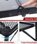 Close-up of Folding Grill Table With Extendable Wing Panels, 3x2 Ft Portable Camping Table showing security latch and mesh design.