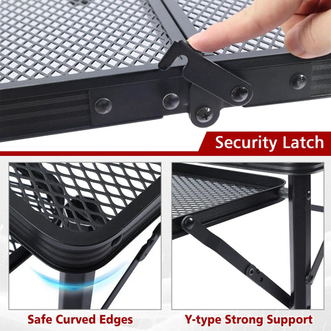 Close-up of Folding Grill Table With Extendable Wing Panels, 3x2 Ft Portable Camping Table showing security latch and mesh design.