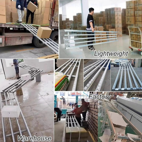 Heavy Duty Gravity Roller Conveyor Slide Built Solid For Slick Dock To Door Unloading Track Warehouse Freight Truck Trailer Cargo Setup With Smooth Abs Bearings That Just Roll Away Nice And Easy in use, showcasing lightweight sections being carried and set up in various warehouse settings.