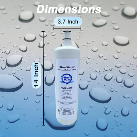 Heavy Duty Commercial Coffee And Ice Maker Replacement Water Filter 12 Pack 3.7" x 14" size shown with water droplets.