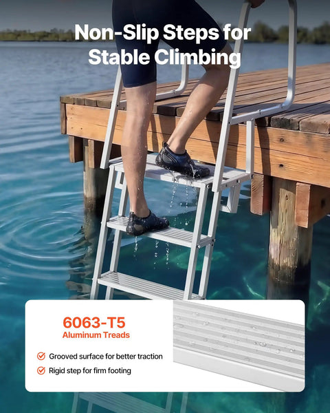 6 Step Beefy Heavy Duty Aluminum Dock Ladder With Flip Up Design, Non Slip Wide Steps, 350 Lb Weight Capacity, Pontoon Boat Swim Ladder With Pull Rope Assist For Lake Pool Marine Boarding, Durable Easy To Use on dock with non-slip aluminum steps