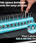 Close-up of blue Magnetic Socket Holder Set 4-Piece Drive Organizer with SAE and metric sockets neatly arranged, hand adjusting socket.