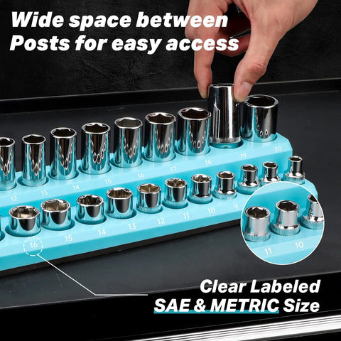 Close-up of blue Magnetic Socket Holder Set 4-Piece Drive Organizer with SAE and metric sockets neatly arranged, hand adjusting socket.