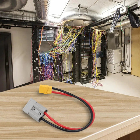 Straight Up Reliable 50 Amp Adapter Cable Linking SB50 To XT90 Plugs 10 Awg Tinned Copper Core 600 Volt Fire Resistant Jacket 30 Cm on table.