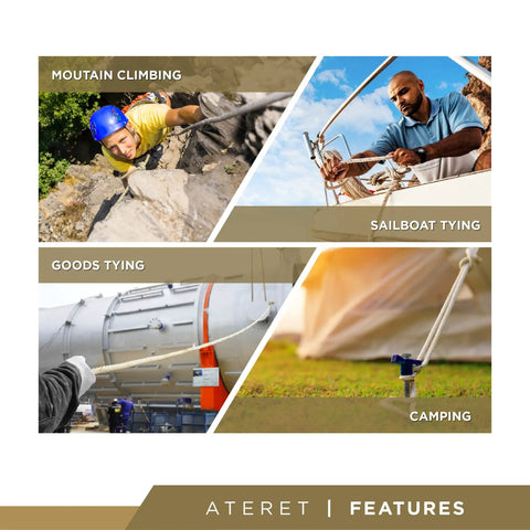 Image showing various uses for One Quarter Inch Twisted Poly Dacron Rope With Polyolefin Core in climbing, boating, and more.