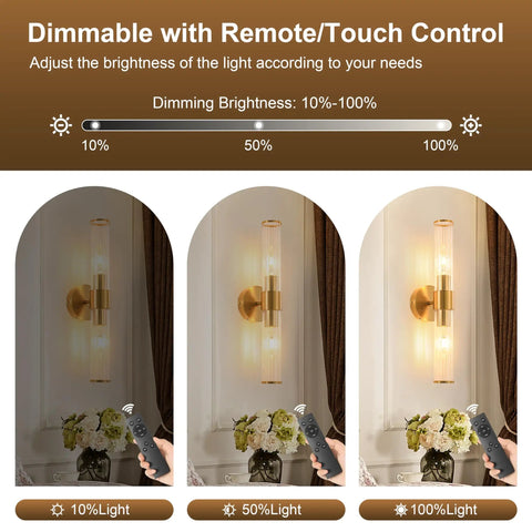 Solid Gold Battery Operated Wall Sconces Set Of Two Dimmable Rechargeable in three brightness levels with remote control.