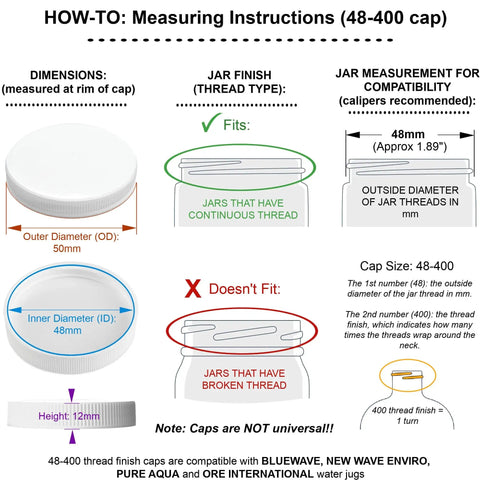Diagram showing measuring instructions for Screw-On 48mm Water Cooler Cap With Foam Liner Pack Of 3 For Plastic Water Jugs And Dispensers Fits 48-400 Neck Finish Replacement Lid For 1 To 5 Gallon Jugs, Durable, Leak-Proof Seal, Easy To Install On Any Compatible Jug