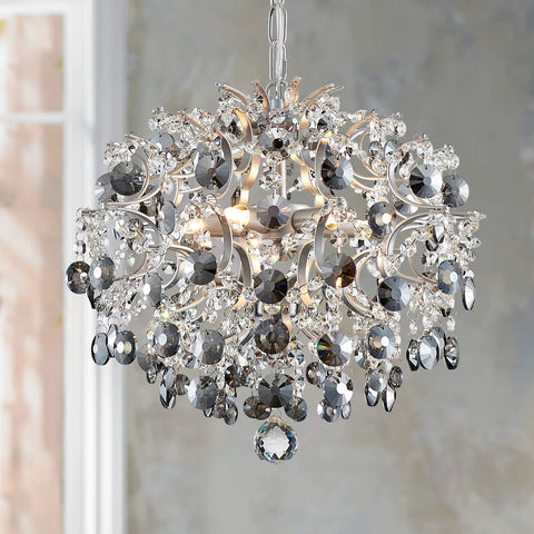 Modern Crystal Pendant Chandelier Ceiling Light For Dining Room Living Room Bedroom And Entryway, 16 Inches Wide And 18 Inches High With Adjustable Hanging Chain Up To 39 Inches, Crystal Glass Tubes That Stay Sparkly And Durable, shown with intricate crystal design.