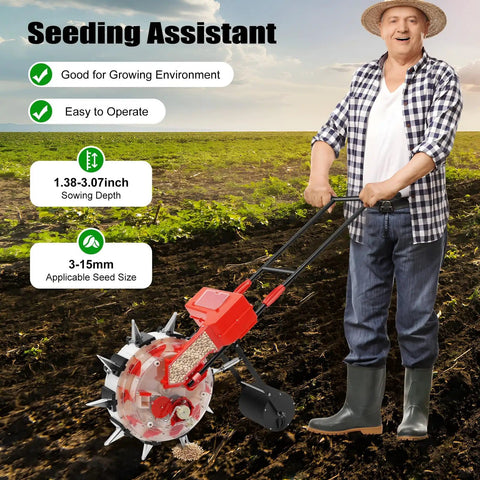 Man using 10 Nozzles Garden Seeder With Adjustable Depth Hand Push Roller Planter Metal Precision Row Crop Spreader for sowing