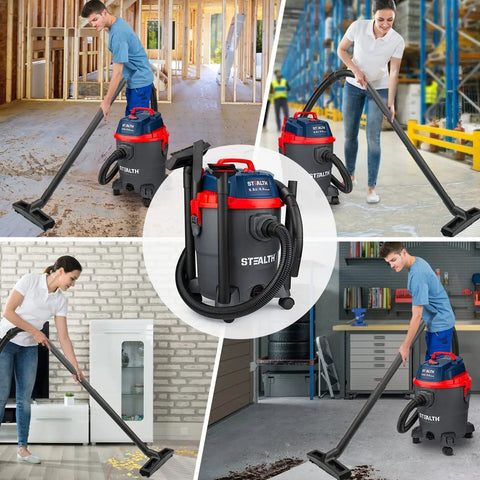 Collage of Beast 5.5 Peak HP Wet And Dry Shop Vacuum with 5 Gallon Tank used in various cleaning scenarios