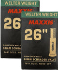 Welter Weight 26 Inch Inner Tube For Mountain And Hybrid Bikes, 0.80mm Butyl Rubber, 48mm Schrader Valve, 2 Pack packaging