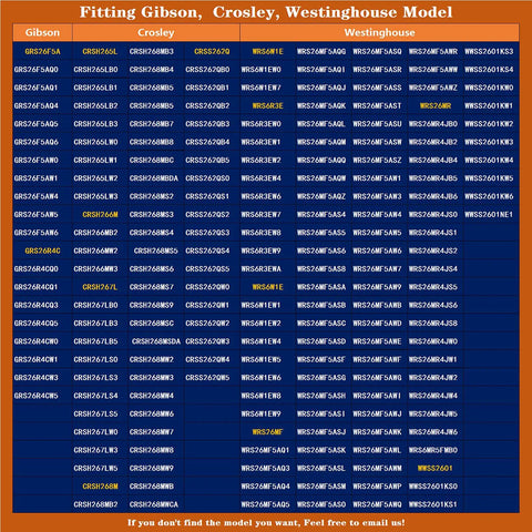 Chart showing Gibson, Crosley, Westinghouse models compatible with refrigerator parts; models listed in columns on a blue background.