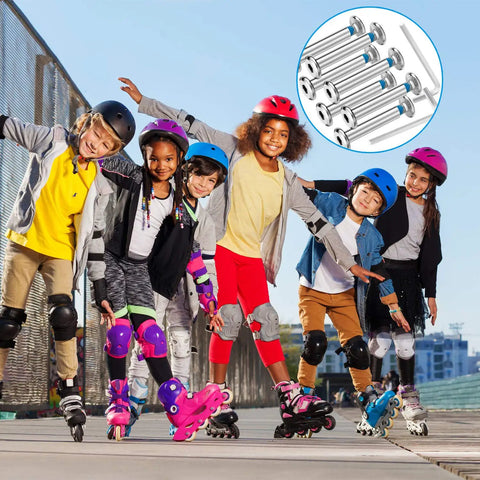 Children inline skating with 20 Sets Inline Skate Wheel Socket Screws With Hex Shaft And Two Piece Installation Tools visible.