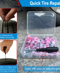 61 Piece Tire Repair Kit With Self Screw In Plugs Screwdriver And Handy Storage Box on pavement next to car tire