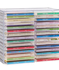 Stackable Clear Plastic CD Organizer With Rubber Feet For Home Theater Or Media Room, Holds Up To 30 Jewel Cases, BPA Free Durable American Made Design For Neat, Easy Access, Shelf Friendly Storage filled with CDs.