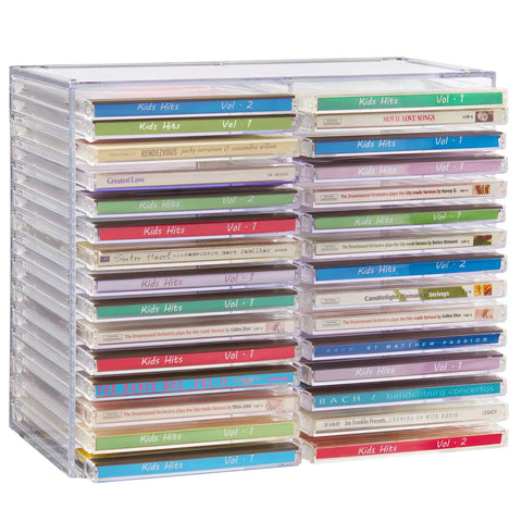 Stackable Clear Plastic CD Organizer With Rubber Feet For Home Theater Or Media Room, Holds Up To 30 Jewel Cases, BPA Free Durable American Made Design For Neat, Easy Access, Shelf Friendly Storage filled with CDs.