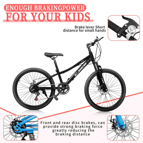 Kids Mountain Bike 20 To 24 Inch With Front Suspension 7 Speeds Dual Disc Brakes Anti Slip Butyl Tires Built For Rough Terrain