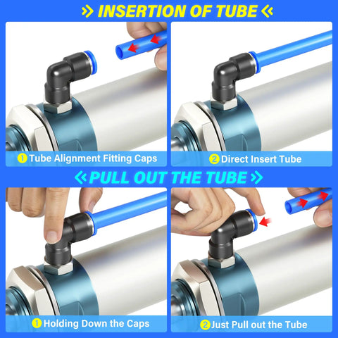 Steps to install Blue 6mm OD Polyurethane Air Tubing Kit with push-to-connect fittings, showing insertion and removal process.